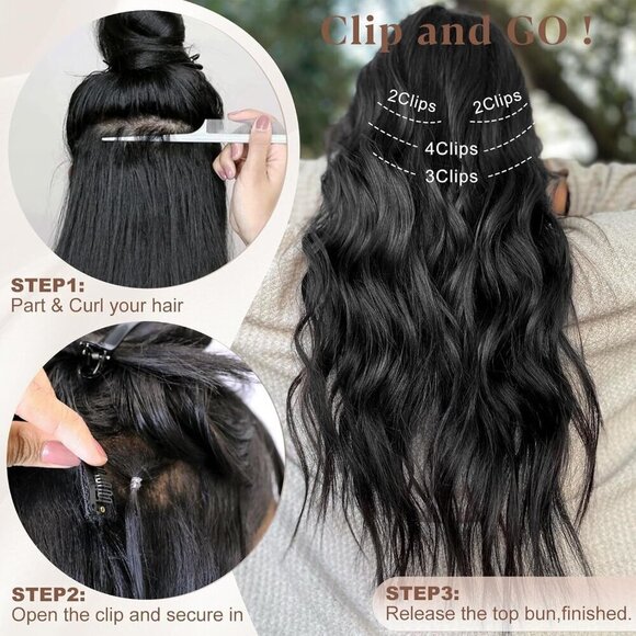 Clip in Hair Extensions Synthetic 24 Inch Black Thick Wavy 4PCS for Women